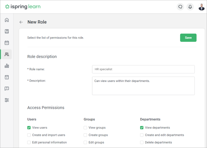 Example of access permissions in iSpring Learn